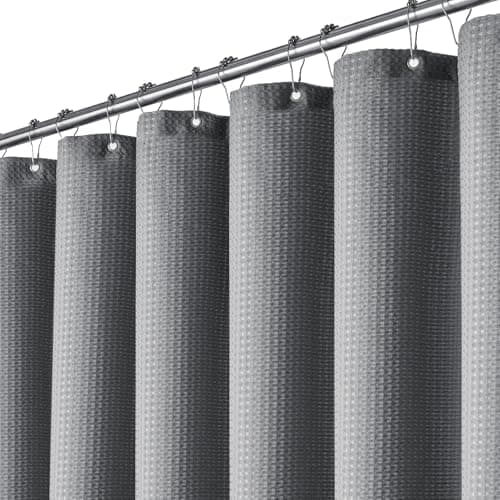 Image of BTTN Narrow Waffle Shower Curtain, Heavy Duty Mould Proof Resistant Wet Room Shower Curtains, Weighted Waterproof Thick Hotel Luxury Modern Shower Curtain Set with 6 Plastic Hooks (92 x 182cm, Grey)
