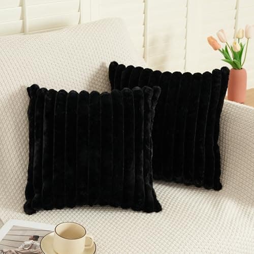 Image of EASE LEAP Black Cushion Covers 50cm x 50cm Fluffy Faux Fur Set of 2 Throw Pillow Covers Soft Plush Pillowcases for Sofa Bed Modern Style Home Decor Fluffy Striped Cushion Cover 20x20 Inches