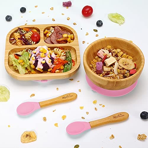 Image of Vinsani Bamboo Bowl, Square Plate and Spoon Set for Baby/Toddler, Suction Plate, Stay-Put Design, Hypoallergenic and BPA-Free (Pink)