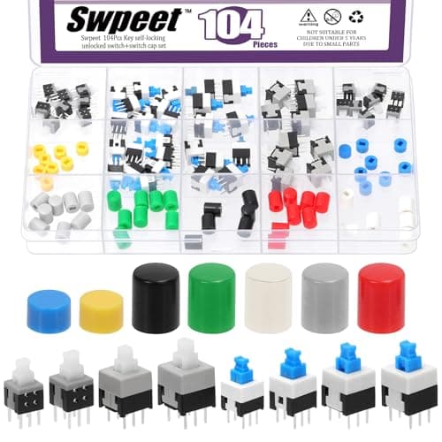 Image of Swpeet 104Pcs 10 Values 5.8X5.8mm 7X7mm 8X8mm 8.5x8.5mm 6Pin Self Locking DPDT Micro Square Button Switches and Micro Momentary Tact Switches with Button Caps Assortment Kit, Button Switch for Power