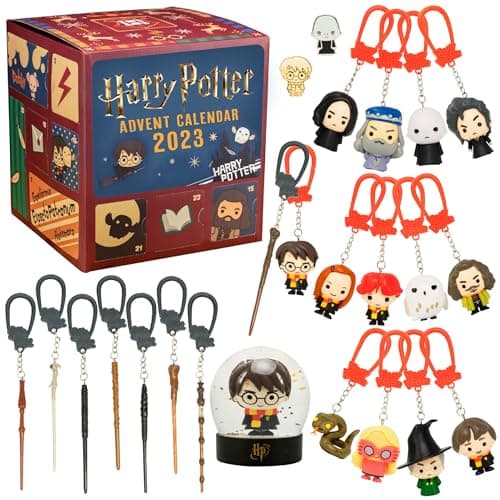 Image of Paladone Harry Potter Advent Calendar 2022 Cube with 24 Gifts, 24 Day Christmas Countdown Includes Collectible Keychains for a Lanyard Airtag or Backpack, Movie Pins, and a Harry Potter Snow Globe