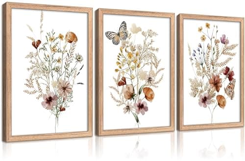 Image of 3 Pieces Vintage Wildflowers Canvas Wall Art Butterfly Flower Painting Picture Wall Decor Colorfull Boho Minimalist Poster Print Artwork for Living Room Bedroom Office Home Decoration Framed
