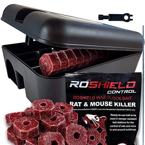 Image of Roshield External Tamper Proof Rodent Bait Box & Wax Block Rat Poison Kit - Garden & Home Treatment Killer Safety Kit (1 Box & 300g Blocks)