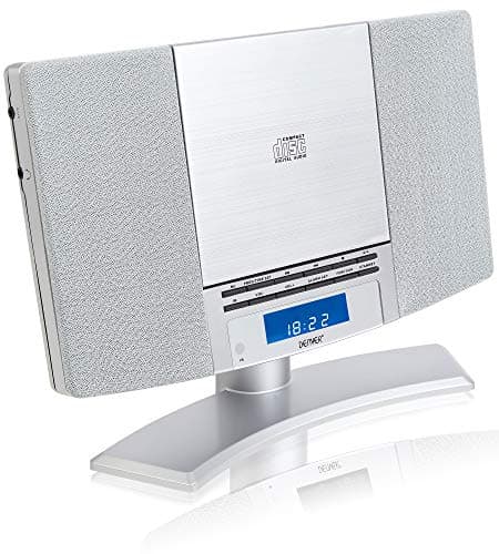 Image of Denver Radio CD Player With Speakers, Wall Mounted or Desktop Stand Small Mains Operated Alarm Clock Radio Boombox Home Audio CD Player with Remote Control - Silver