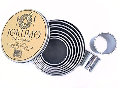 Image of JOKUMO 9 Piece Extra Large Chef Grade Plain Round Pastry/Cookie Cutter Set - Extra Thick Premium 18/8 304 Stainless Steel - Marked Size for Professional Chefs and Ambitious Home Cooks