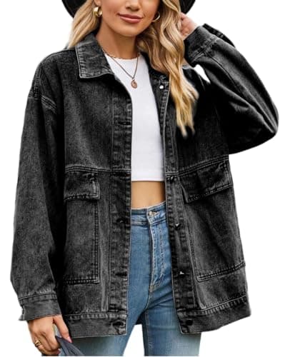 Image of MINTLIMIT Denim Jackets for Women Long Sleeve Oversized Button Up Denim Coat Casual Jean Jacket Coat with Pockets, Black