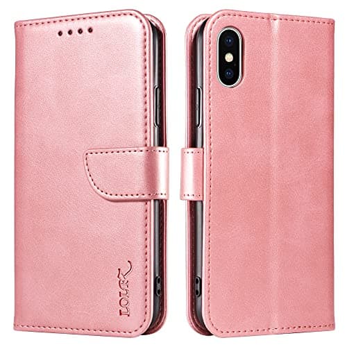 Image of LOLFZ Wallet Case for iPhone X iPhone XS, Vintage Leather Book Case with Card Holder Kickstand Magnetic Closure Flip Case Cover for iPhone X iPhone XS - Rose Gold