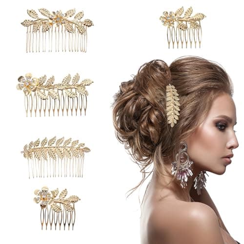 Image of 5 PCS Leaf Hair Side Combs for Women, Gold Headpiece Decorative Rhinestone Hair Comb Clips Metal French Twist Slide Comb for Women, Girls, Bride, Bridesmaid Wedding Hairs Accessories (5 Size)