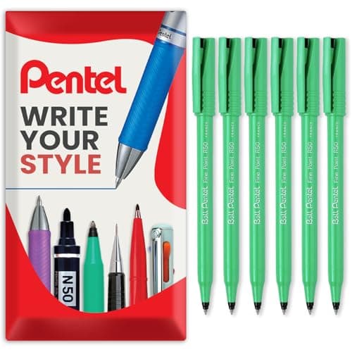 Image of Pentel R50 Fine Point Liquid Ink Rollerball Pens - 0.8mm Tip 0.4mm Line Width - 77% Recycled - Black Ink - Pack of 6 in Envelope Gift Packaging
