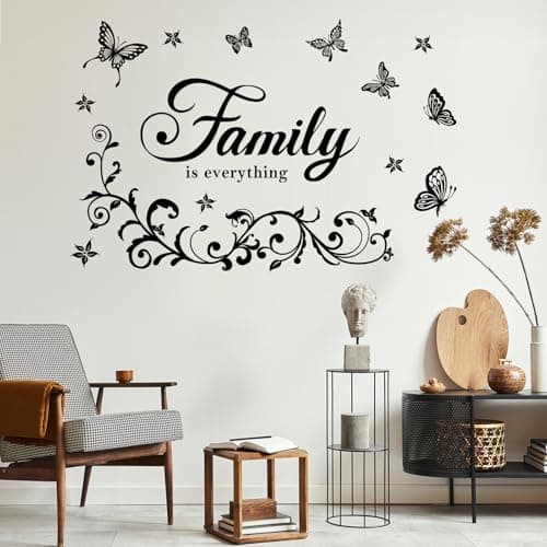 Image of FUFUQUARE Family is Everything Sayings Wall Stickers Black Floral Vine Butterfly Letter Inspirational Quote Decals Vinyl Removable Wall Decor for Living Room Bedroom Kitchen