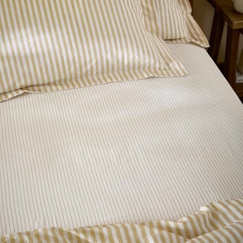 Image of furn. Yard Hebden 100% Cotton Narrow Stripe Fitted Sheet – Ultra Soft Striped Textured Bed Sheet (Honey Yellow – Single)