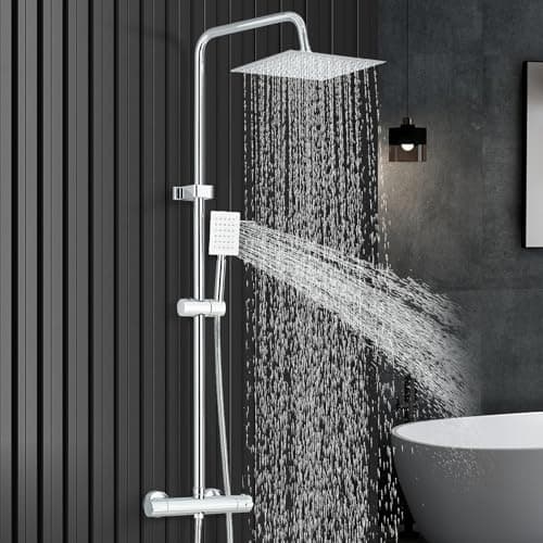 Image of HARNART Bathroom Thermostatic Shower Mixer Set and with Adjustable 8" Overhead Rainfall Shower Head Twin Head,Bath Mixer taps with Shower Quadratische Handbrause Chrome