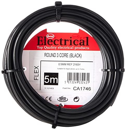 Image of Merriway BH01494 3-Core Round Black Flexible Cable 2183Y 0.5 mm - 5 Metre Cut Length