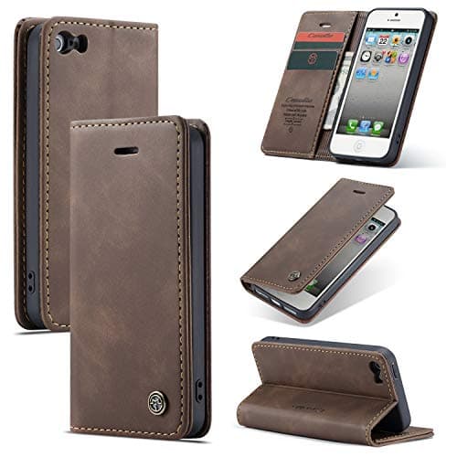 Image of Cracedily Leather Wallet Case for iPhone 5/5S/SE (2016) with Card Holder, Magnetic Closure, Kickstand, Shockproof Protection, Coffee
