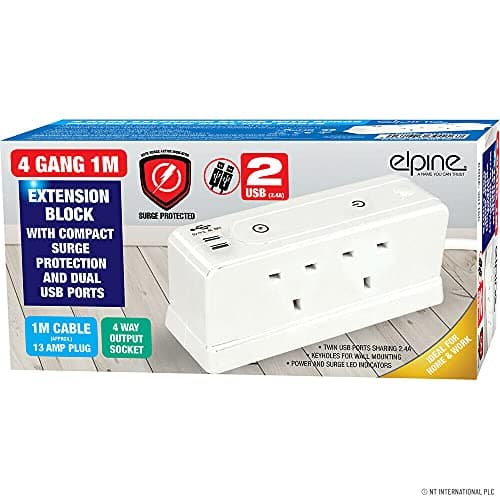 Image of New 4 Way, 1 Metre Extension Block With 2 USB Ports - Cord, Cable Electric Mains Power Socket Plug 13 Amp, LED | UK Plug 3 Pin Socket Outlet | Surge Protected (4 Way, 1m Block)