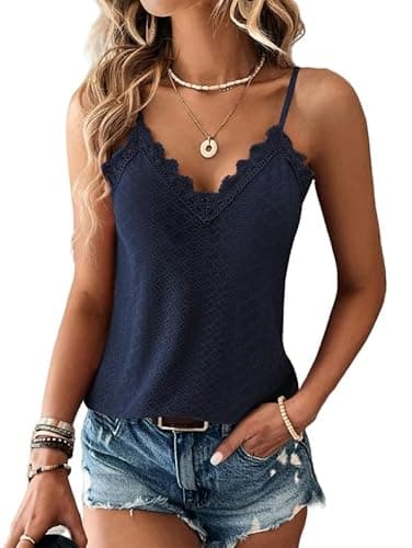 Image of Haibang Vest Tops Women Lace Trim V Neck Ladies Summer Tops Tank Tops Sleeveless Spaghetti Strap Cami Top Eyelet Embroidery Camisole Loose Fit Blouse Shirt Navy Blue