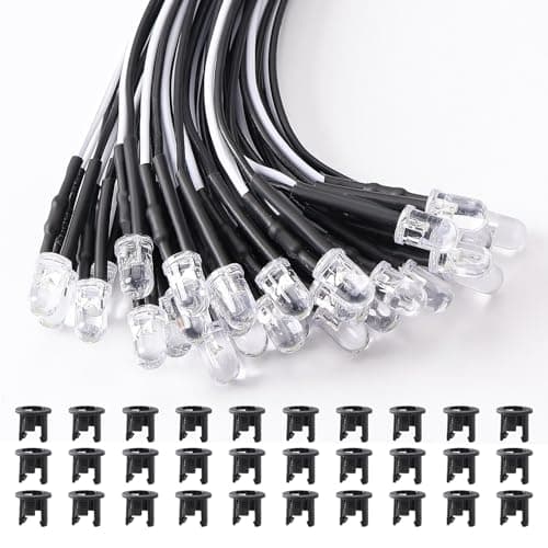 Image of Lyeteung 30 PCS 5mm 12V Prewired LED Diodes Light, White, 20cm Prewired LED Light Emitting Diode + 30 PCS 5mm Plastic Holder
