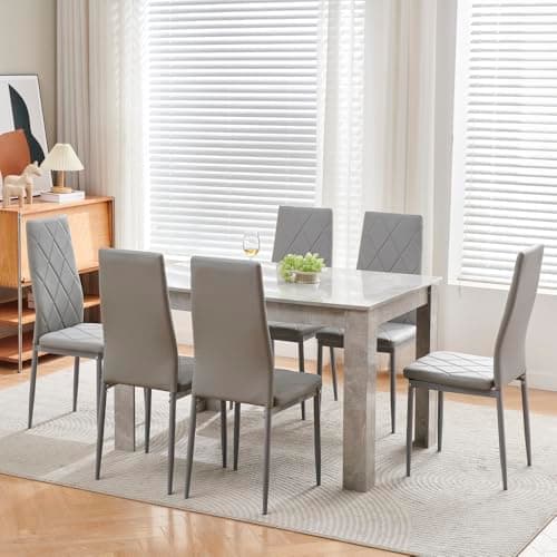 Image of Homullel 7 Piece Dining Room Table and Chairs Set for Dining Room Kitchen, Modern Wooden Dining Table with 6 Chairs for Family Dinner Set 120cm Grey Marble Table