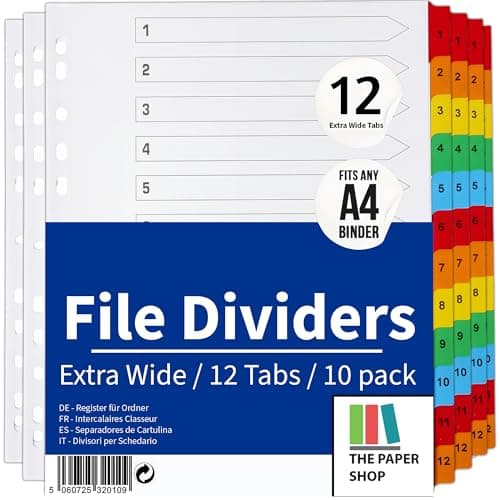 Image of [10 Pack] A4+ Extra Wide 12 Part File Dividers A4+ Extra Wide 12 Part Numbered Subject Dividers Multipunched Reinforced Colour Tabs 150gsm