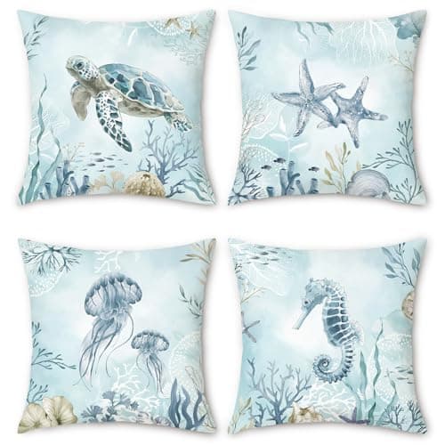 Image of Bonhause Coastal Blue Cushion Covers 45 x 45 cm Sea Turtle Seahorse Starfish Beach Decorative Throw Pillow Covers Ocean Pillowcases for Sofa Bed Home Patio Decor Set of 4
