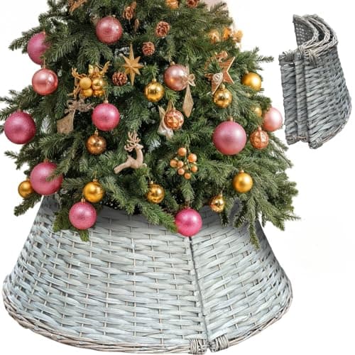 Image of Wicker Christmas Tree Skirt - Large 60cm Foldable Woven Tree Collar Basket Base, Natural Willow Stand Cover for Home & Office Decoration Fits 6ft and Below Trees