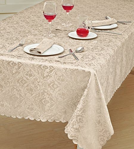 Image of Prime Linens Home Decorative Classic Damask Printed Jacquard Tablecloth Rectangle Round Runner Napkin Table Cover Cloth Protector for Kitchen Picnic (Beige, Rectangle 52" x 70")