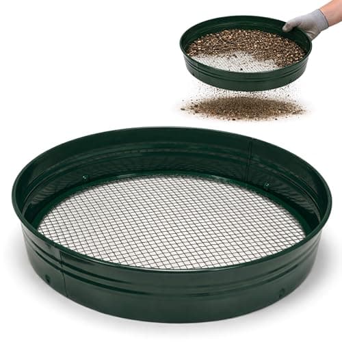 Image of ADEPTNA Metal Garden Soil Sieve Riddle with Interchangeable Mesh 1/4 3/8 1/2 Inch Heavy Duty Steel Frame Compost Soil Stone Sifter for Gardening Lawn Planters (3/8" Mesh)