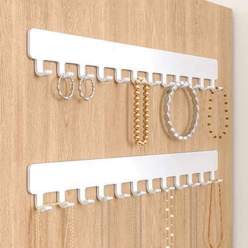 Image of Josmimic Wall Mounted Necklace Holder - Adhesive Jewellery Hooks for Necklaces, Bracelets, and Rings - Easy Installation Metal Hanger Organiser, White