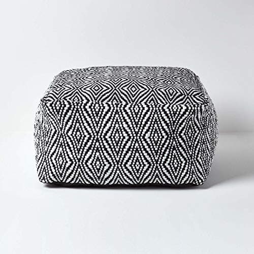 Image of HOMESCAPES Retro Handwoven Square Bean Filled Pouffe Black & White Paper Chindi 'Trance' Diamond Pattern Footstool, 60 cm Square