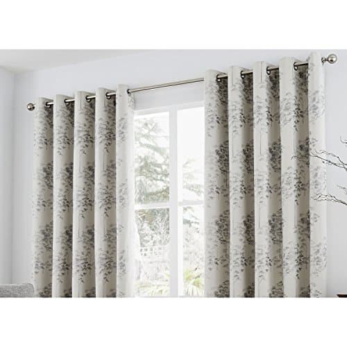 Image of Curtina Elmwood Floral Print Eyelet Lined Curtains, Silver, 66 x 54 Inch