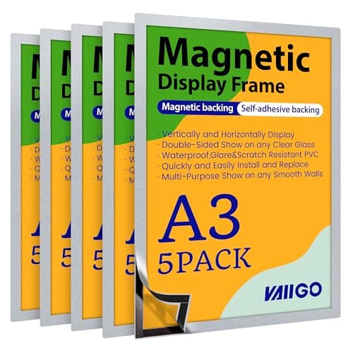 Image of VAIIGO A3 Self-Adhesive Magnetic Display Frame, Magnetic Paper Holder with Strong Magentic Border for Signage, License, Photo, Notice, Document, Menu, Refrigerator Magnetic Frame (5Pack, Silver)