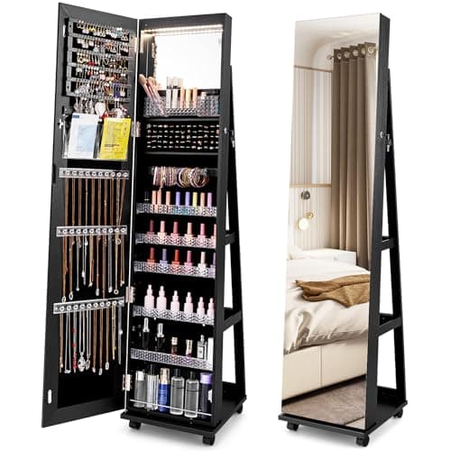 Image of COSTWAY 360° Swivel Jewellery Cabinet, 3-Color LED Lights Lockable Jewelry Armoire with Full Length Mirror, Large Storage and Wheels, Mobile Freestanding Jewellery Organiser Unit Gift (Black)