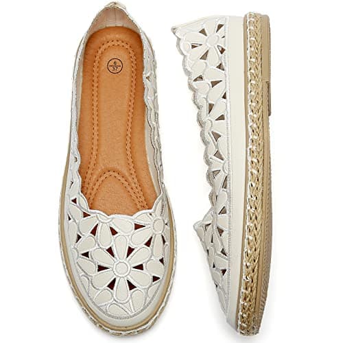 Image of HEAWISH Women’s Ballet Flat Daisy Round Toe Dress Shoes Casual Slip On Rope Loafer, White, 5.5 UK