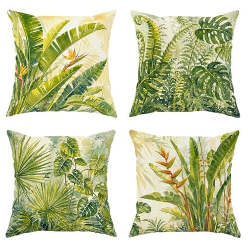 Image of Bird of Paradise Throw Pillow Covers Set of 4, Tropical Botanical Ferns Palm Leaves Summer Green with Hidden Zipper Square Pillow Cases for Living Room Bed Office Sofa Chair Decor 18x18 Inch