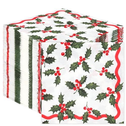Image of Talking Tables 100 x Christmas Napkins Paper Xmas Disposable Serviettes with Holly and Berries - Family Friendly Festive Tableware Decorations Red and White and Green 2ply 33cm