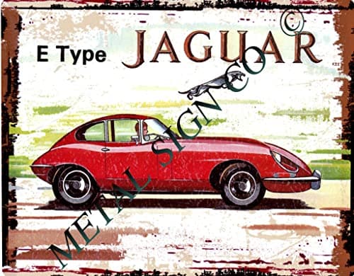 Image of E TYPE JAGUAR ADVERTISING SIGN SMAL RETRO VINTAGE STYLE tin wall art shed workshop garage classic cars
