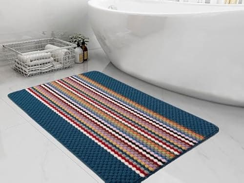Image of RUGS SUPERSTORE Multi-Stripe Non-Slip Runner Rug, Navy Blue with Colourful Stripes, Washable, Rubber Back, Indoor Utility Mat (66x120cm)