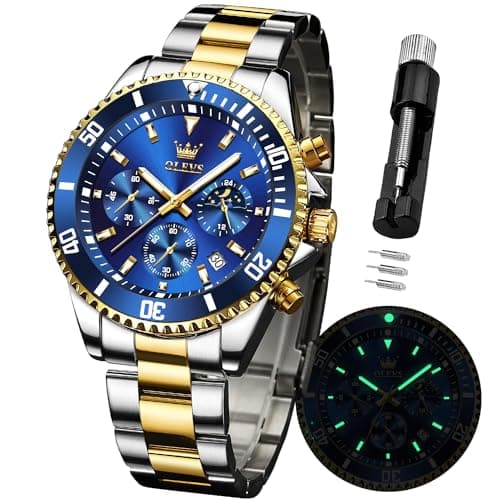 Image of OLEVS Watches for Men Waterproof Designer Luxury Formal Luminous Two Tone Stainless Steel Men's Watch Date Moon Phase Chronograph Quartz Watch Men's Gifts