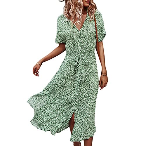Image of Women's Summer Button Down Midi Dress Short Sleeve V Neck Floral Lapel Ruffle Ditsy Loose Boho Swing Shirt Dress (Z-Green, M)