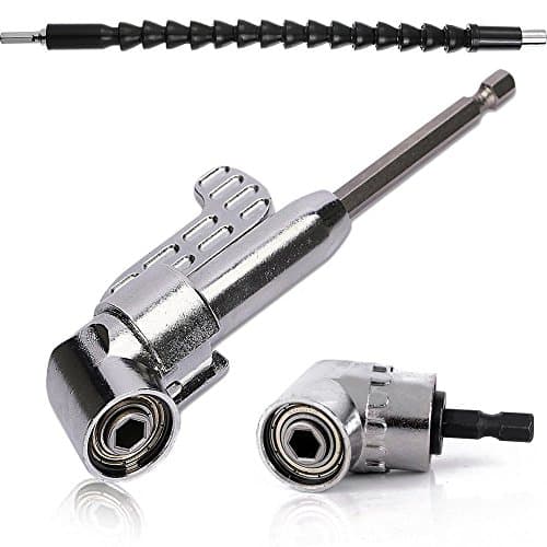 Image of QISF 2Pcs Right Angle Drill Adapter Kit - 105 Degree, 1/4 Inch Hex Shank Screwdriver Angled Bit Holder + Flexible Angle Extension Bit Kit