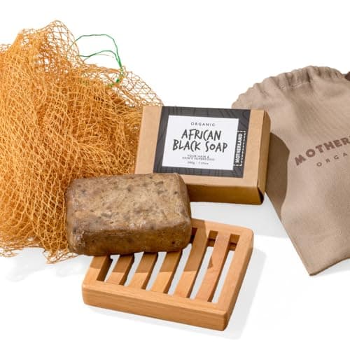 Image of African Black Soap Starter Kit – 200g Bar + Wooden Dish + African Net Sponge – Raw, Natural & Clarifying – Fights Acne, Soothes & Moisturises – For Face & Body, Sensitive or Oily Skin