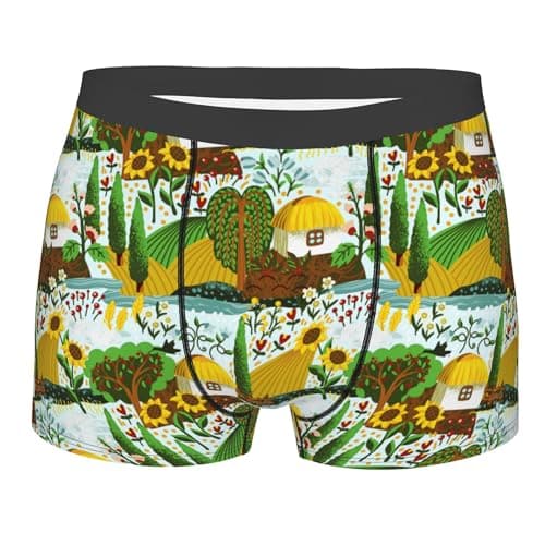 Image of Landscape House Sunflowers Mens Underwear Boxer Briefs Cartoon Cute Otters Briefs Soft Pouch Low-Rise Boxer Shorts Stretch Novelty Boxers Gifts XXL
