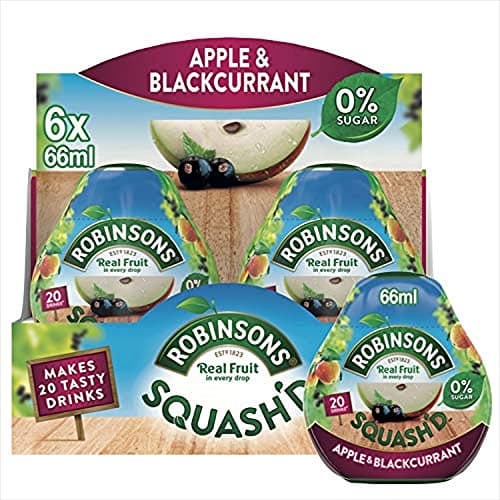 Image of Robinsons SQUASH'D, 0 Percent Sugar, Real Fruit Squash, Low Calorie, Apple & Blackcurrant, Makes 20 Drinks Per Pack, 6 x 66 ml Packs