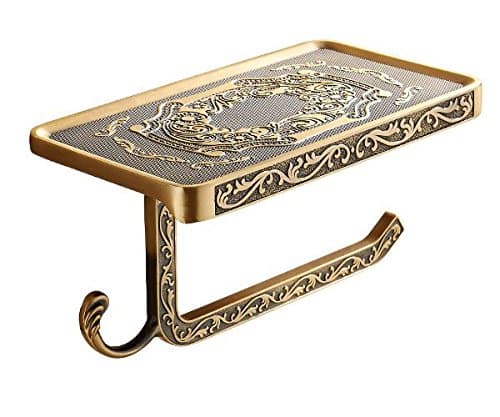 Image of Antique Brass Toilet Roll Holder with Phone Shelf Wall Mounted