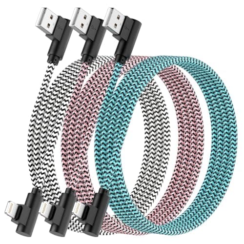 Image of iPhone Charger Cable 2.8M,3Pack[Apple MFi Certified]Right Angle 90 Degree Fast Charging iPhone Cable Nylon Braided ipad Charger Cable for iPhone 14 13 12 11 Pro Max Mini XR XS X 8 7 6s 6 iPod AirPods