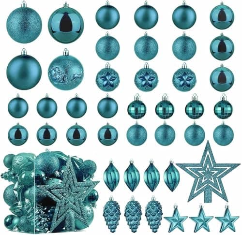 Image of Christmas Ball Baubles Decoration Tree Ornaments including Balls Stars and a Tree topper Shatterproof Xmas Hanging 43 Pieces Set Home Office Outdoor indoor (Teal/Light Blue, 43pc)