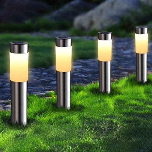 Image of Joomer Solar Lights Outdoor Garden, 4 Pack Garden Lights Solar Powered Waterproof, LED Pathway Lighting Solar Powered Path Light Decoration for Patio Driveways Landscape Lawn Yard, Warm White