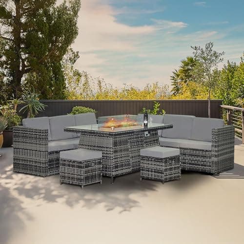 Image of Alivio 8 Seater Rattan Furniture Set with Built-In Fire Pit, Luxury PE Rattan Garden Furniture Seating, Anti-UV Cushions with 2 x Three-Seater, 1 x Corner Table, 2 x Stool, 1 x Centre Table (Grey)
