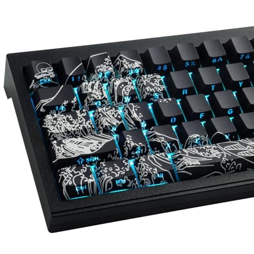 Image of Sunzit PBT Keycaps 135 Keys Custom Keycaps Cherry Profile Dye-Sub Keycap Set Black Wave of Kanagawa Side Print Shine Through Keycap for MX Switches ISO/ANSI UK Layout Mechanical Gaming Keyboard