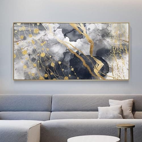 Image of FSLEOVN Black & Gold Abstract Marble Wall Art, Living Room Decoration - Large, Texture, Blue, Frameless - 60 x 120 cm